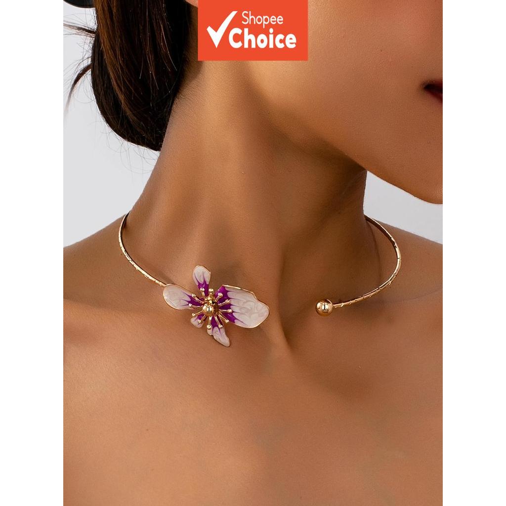 สร้อยคอโชกเกอร์เปิดลายดอกไม้สีขาวเคลือบสีม่วงสําหรับผู้หญิง สีบล็อกสไตล์เรโทร จี้รูปดอกไม้ C-Torque 