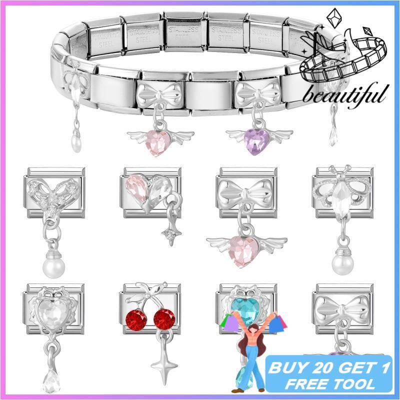 Love Bow พู่อิตาเลี่ยน Charm สร้อยข้อมือ Fit 9 มม.สร้อยข้อมือสแตนเลสเครื่องประดับทําอุปกรณ์เสริม DIY Retro บุคลิกภาพโมดูลสร้อยข้อมือ