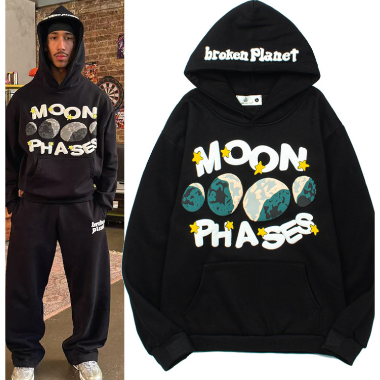 High Street Broken Broken Planet Hooded Sweatshirt Moon Foam พิมพ์ Hip Hop Street Casual Hoodie