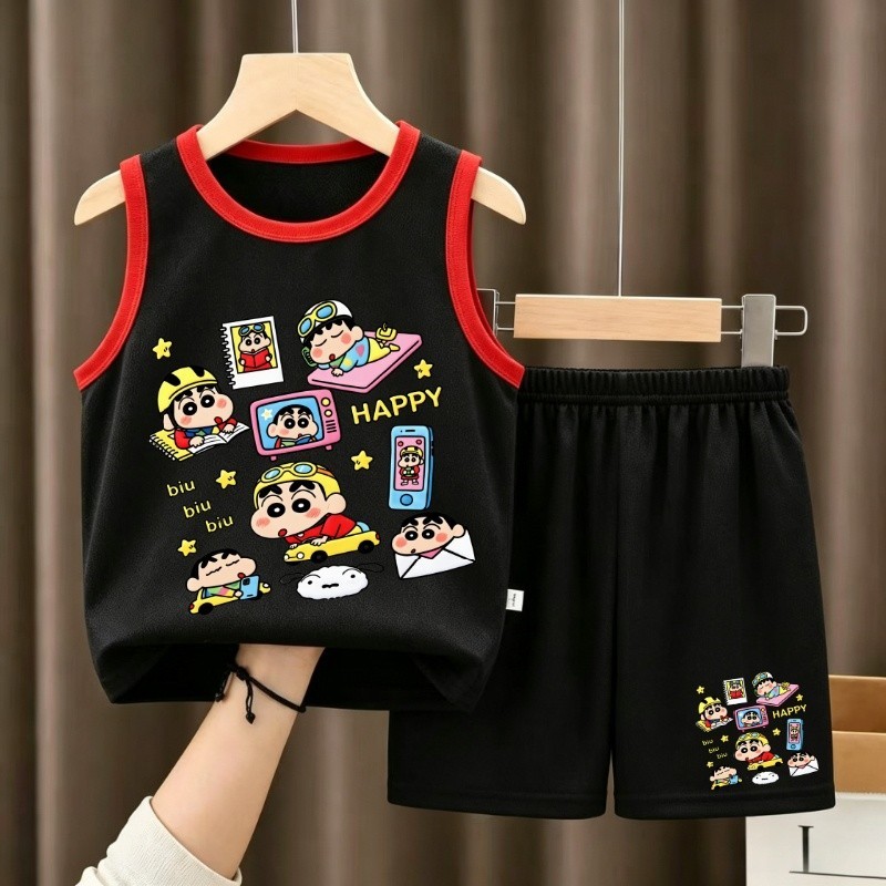 【จัดส่งไทย】2ชิ้น BBOY ชุดเสื้อยืดแขนกุด Crayon Shin-chan สีเหลือง ลายสวย สไตล์เกาหลี ขาสั้น สำหรับเด