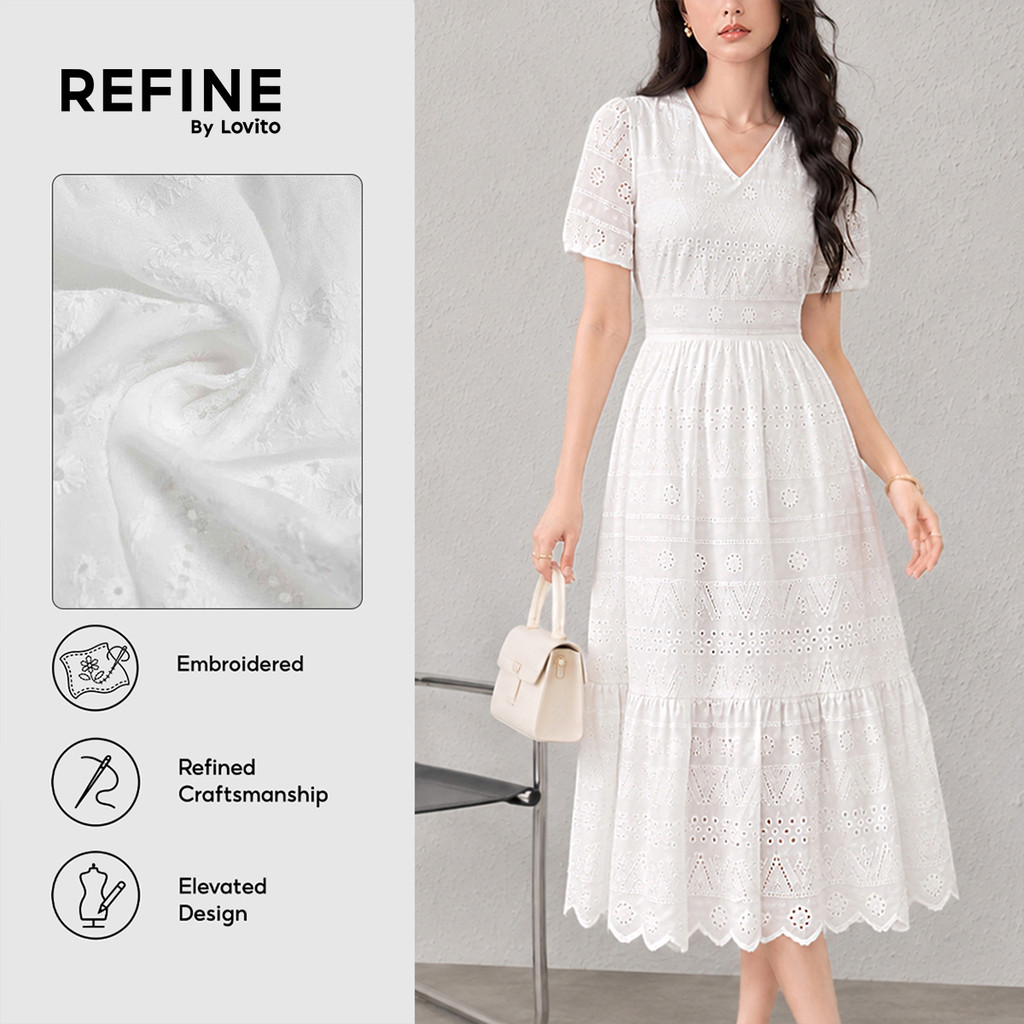 (Refine by Lovito) เดรสลำลองผ้าฝ้ายปักลายฉลุ เดรสสีขาวสำหรับผู้หญิง เหมาะสำหรับฤดูใบไม้ผลิ/ฤดูร้อน ทำงาน LR26ED067