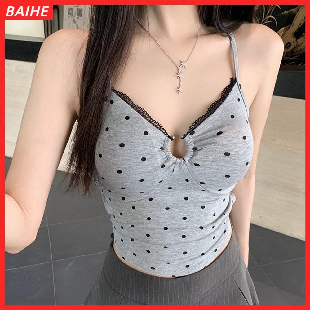 BAIHE Crop Vest Tops,ลูกไม้Cross Backless Polka Dotผ้าฝ้ายถัง,แฟชั่นVคอออกแบบสปาเก็ตตี้Ropa Mujerผ้า