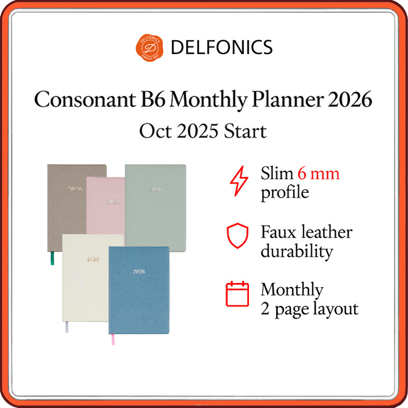 Delfonics Consonant B6 Monthly Planner 2026 – Oct 2025 Start, Slim Faux-Leather Cover, 5 Color Optio