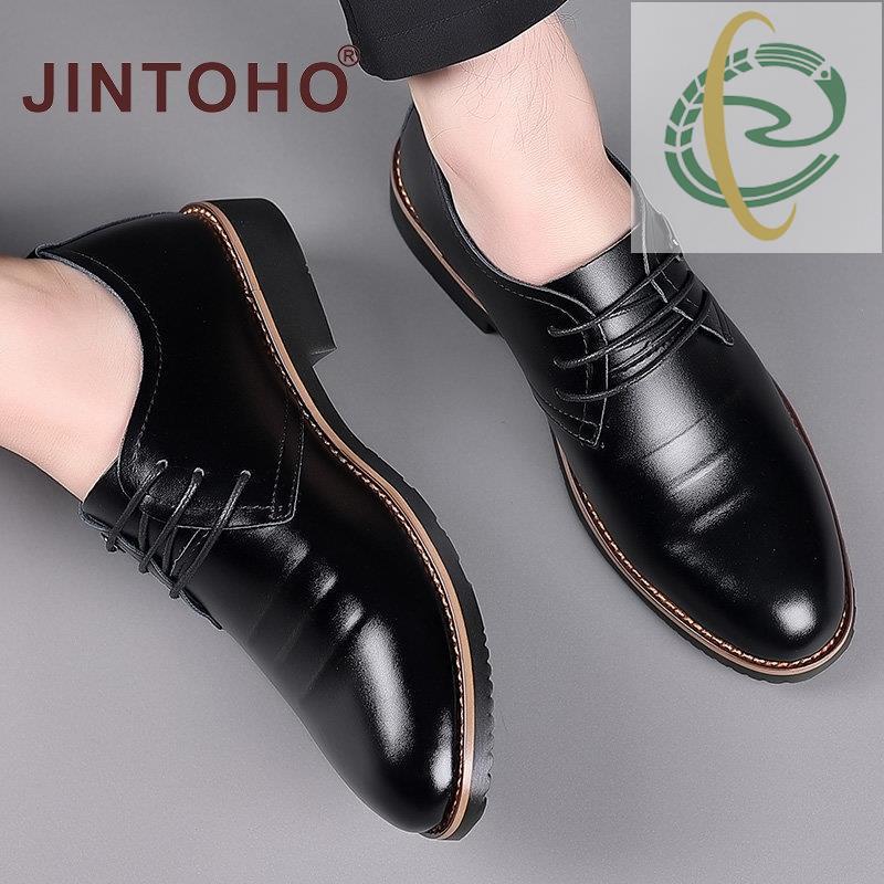 At6 [JINTOHO] รองเท้าหนังวัวสีดําหัวแหลมอินเทรนด์คุณภาพสูงธุรกิจกลิตเตอร์อย่างเป็นทางการShose
