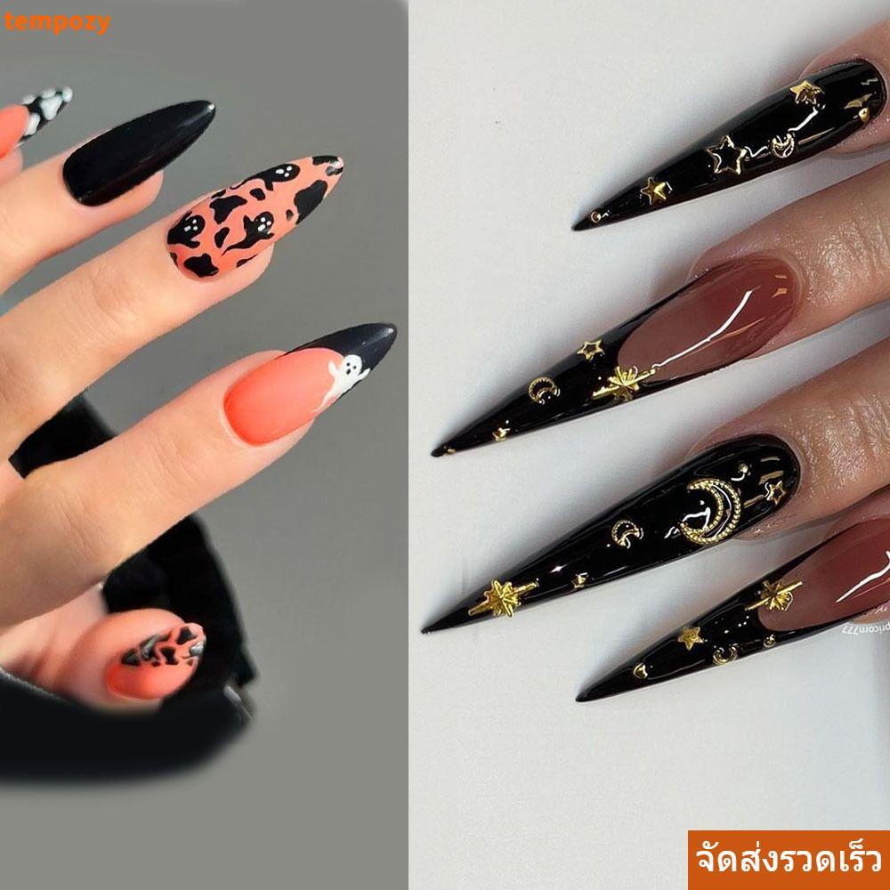 TEMPOZY เล็บปลอม, ยาว Stiletto Moon Stars เล็บปลอม, Mystery French Full Cover Nail Tips DIY