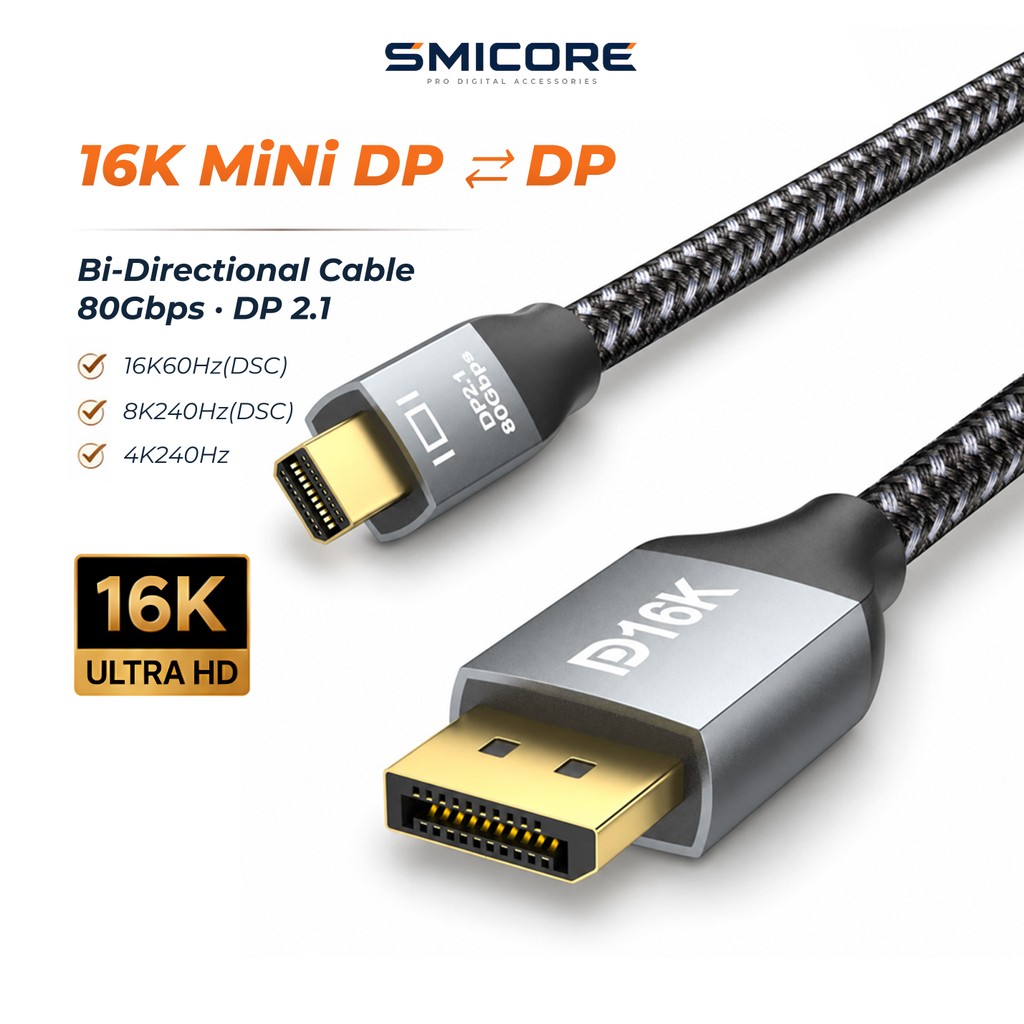 Mini DP to DP 2.1 Two-Way HD Cable 80Gbps 16K60Hz 8K240Hz High Refresh Rate Display สายวิดีโอคอมพิวเ