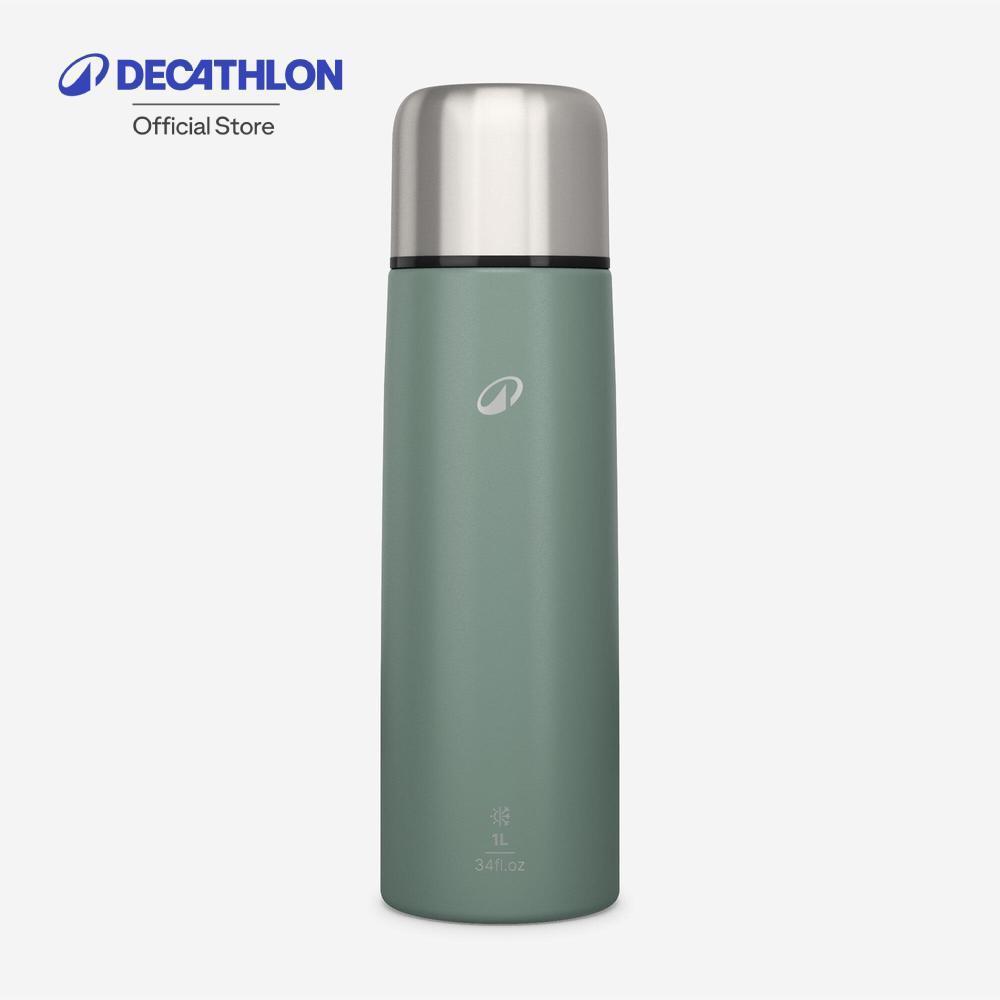 Decathlon Stainless Steel Isothermal Flask With Cup ขวดสเตนเลสสตีลเก็บอุณหภูมิสำหรับเดินป่า 1 ลิตร - Smoky green