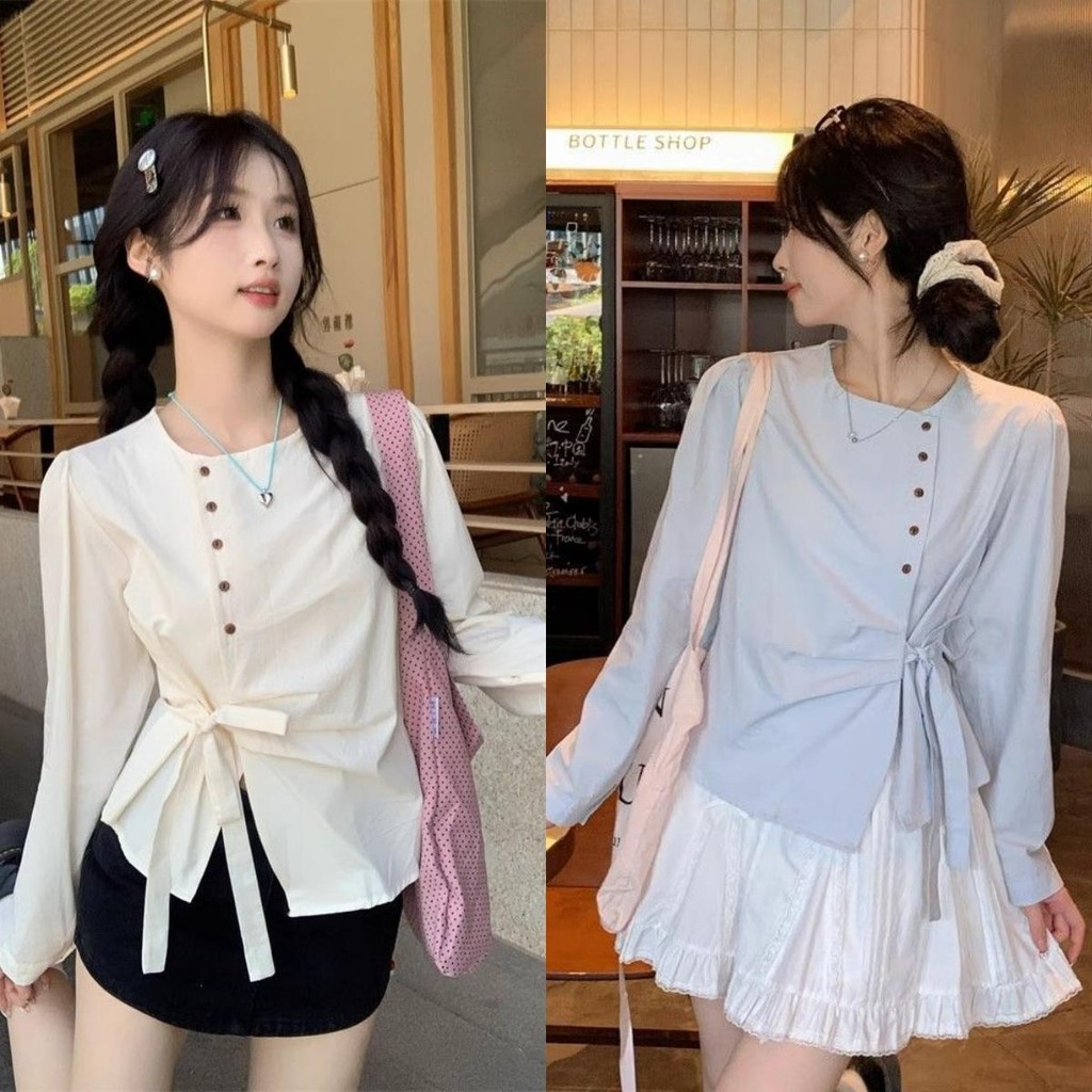 Chili Koko เสื้อเชิ้ตคอกลมทรงหลวมสไตล์ฝรั่งเศสสำหรับผู้หญิง ดีไซน์ฤดูใบไม้ร่วง ผูกโบว์ที่เอว แต่งจีบด้านบน w663