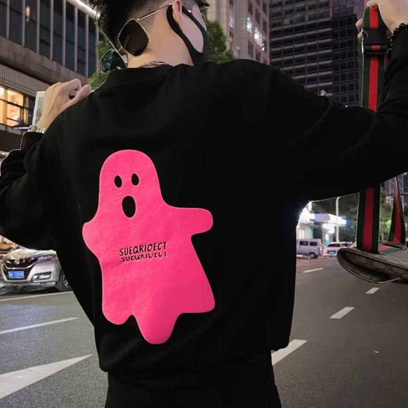 new American Style Loose Retro Men's Sweatshirt20252023Heavy Ghost Hoodless Trendy Print ins Autumn 