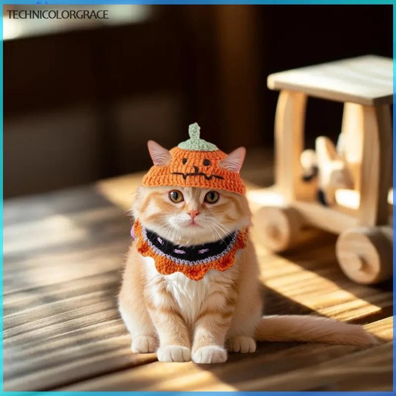 Technicolorgrace น่ารักฮาโลวีน Handmade ถักสัตว์เลี้ยงแมวปลอกคอสุนัขหมวกแมว Nacklace ผ้าพันคอตกแต่งค