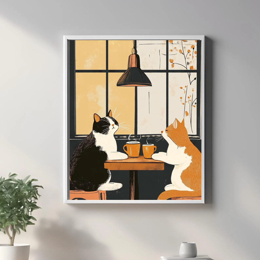 ภาพฝากรูปแมวลายเส้นสีดำ สำหรับคอคาเฟ่และคนชอบแมวtabby&tuxedo แบบวินเทจ ตลกดูเพลินตา