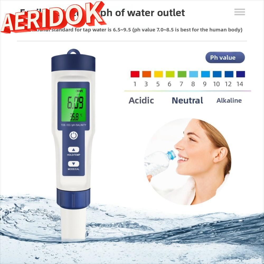 AERIDOK Digital TDS Meter, 5 in 1 TDS/EC/PH/ความเค็ม/เครื่องทดสอบคุณภาพน้ําอุณหภูมิ,ความแม่นยําสูง M