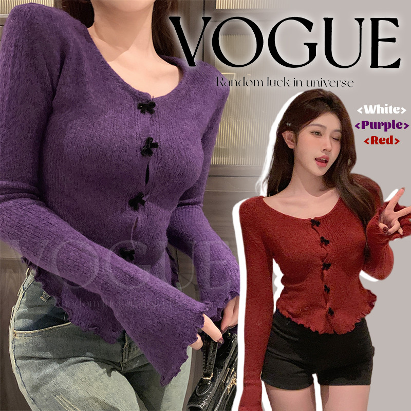 Vogue🌟พร้อมส่ง🌟 เสื้อไหมพรมแขนยาว คอกลมกระดุมโบว์ ขอบหยัก ยืดกำลังดี (X-H12)