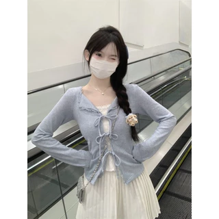 เกาหลีของปลอมสองชิ้นลูกไม้การประกบแขนยาวเสื้อยืด หวานหูกระต่ายทรงเข้ารูปเสื้อแจ็กเกต จัดส่งจากกรุงเทพ