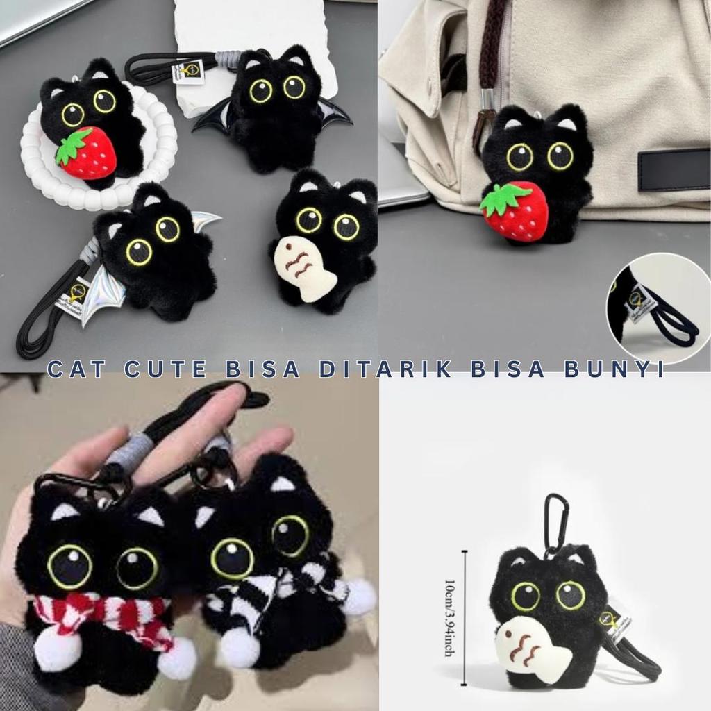 GANTUNGAN CUTE Cat พวงกุญแจที่ถอยหลังและมีเสียงได้ BLACK Cat Keychain Plushie