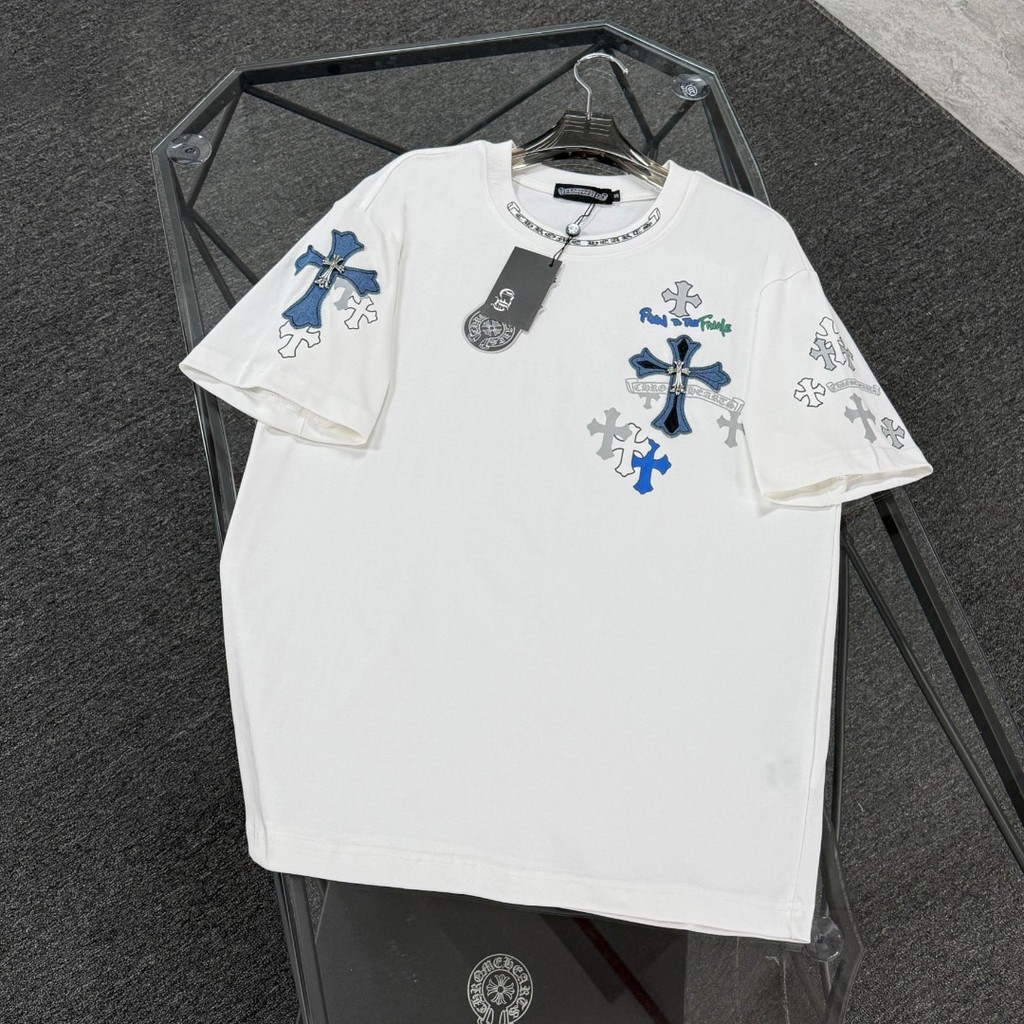 P7ZF Chrome Hearts 2025Spring and Summer New Denim Patch Embroidered Printed Short Sleeve T T-shirt 
