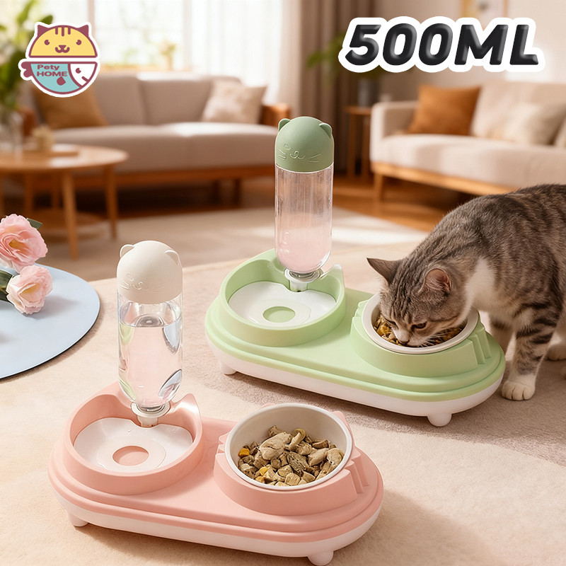 ชามสัตว์เลี้ยง 500ML ชามคู่สําหรับสัตว์เลี้ยง ชามแมว  น้ําดื่มอัตโนมัติ  ไม่ให้ปากเปียก ทำความสะอาดง่าย