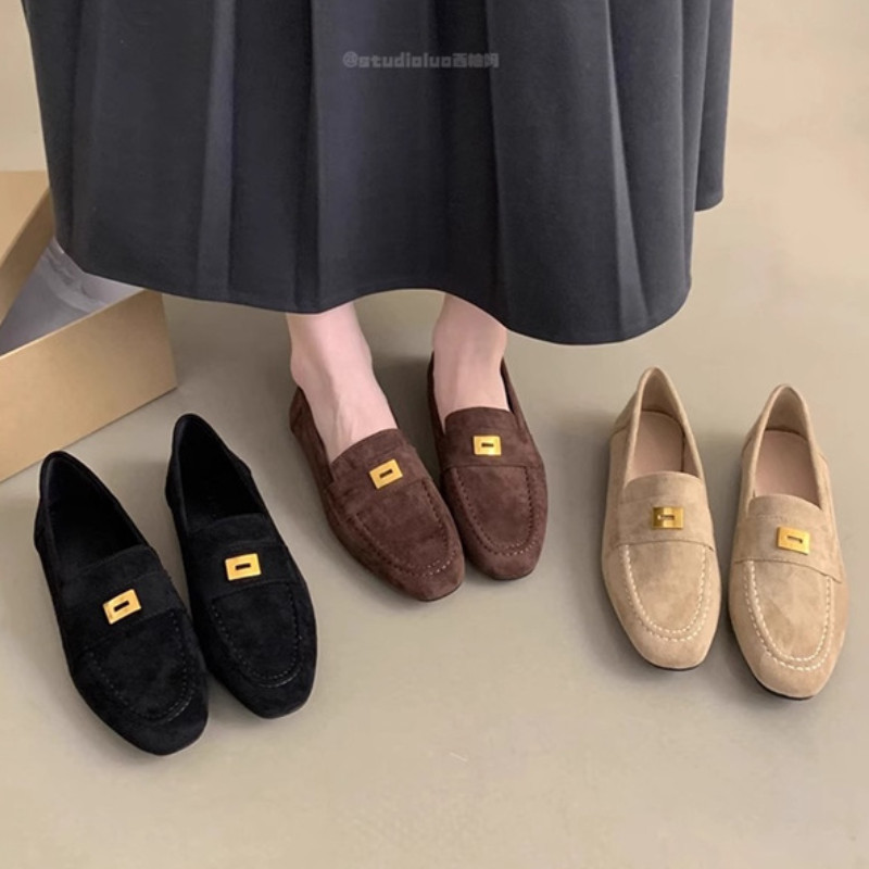 รองเท้าโลฟเฟอร์หนังกลับแฟชั่นเกาหลี ประดับด้วยหัวเข็มขัดโลหะ สไตล์เรโทร เหมาะสำหรับใส่ไปทำงาน