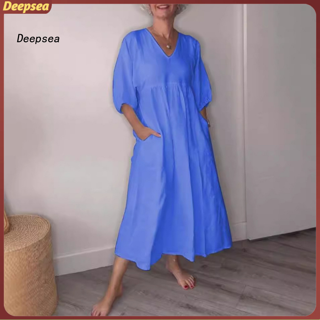 DPA ผู้หญิง Midi ชุดผู้หญิงทุกวันชุดสไตล์ A-line V คอชุดกระเป๋าเหมาะสําหรับสวมใส่ทุกวันและออกเดทในฤด