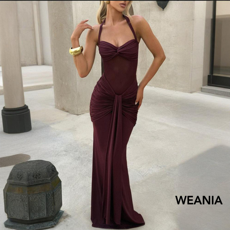 WEANIA ชุดผู้หญิงลายริบบิ้นยาว แบบไร้ไหล่ เซ็กซี่ และกระชับตัว