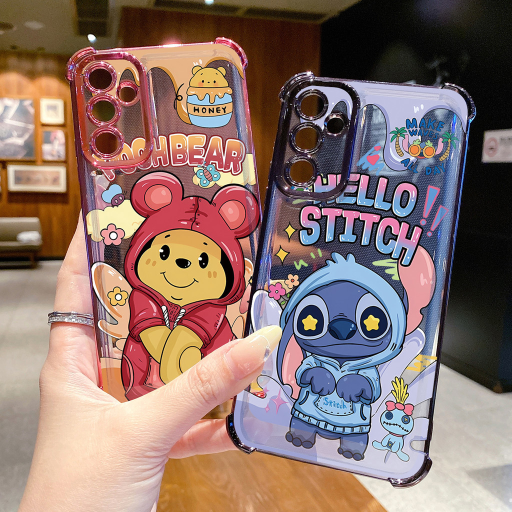เข้ากันได้กับ Samsung Galaxy A17 A07 A15 A05 A35 A55 A14 A34 A56 A36 A06 A16 Pooh Bear Stitch Clear Plating Case Anti Drop Cover FD