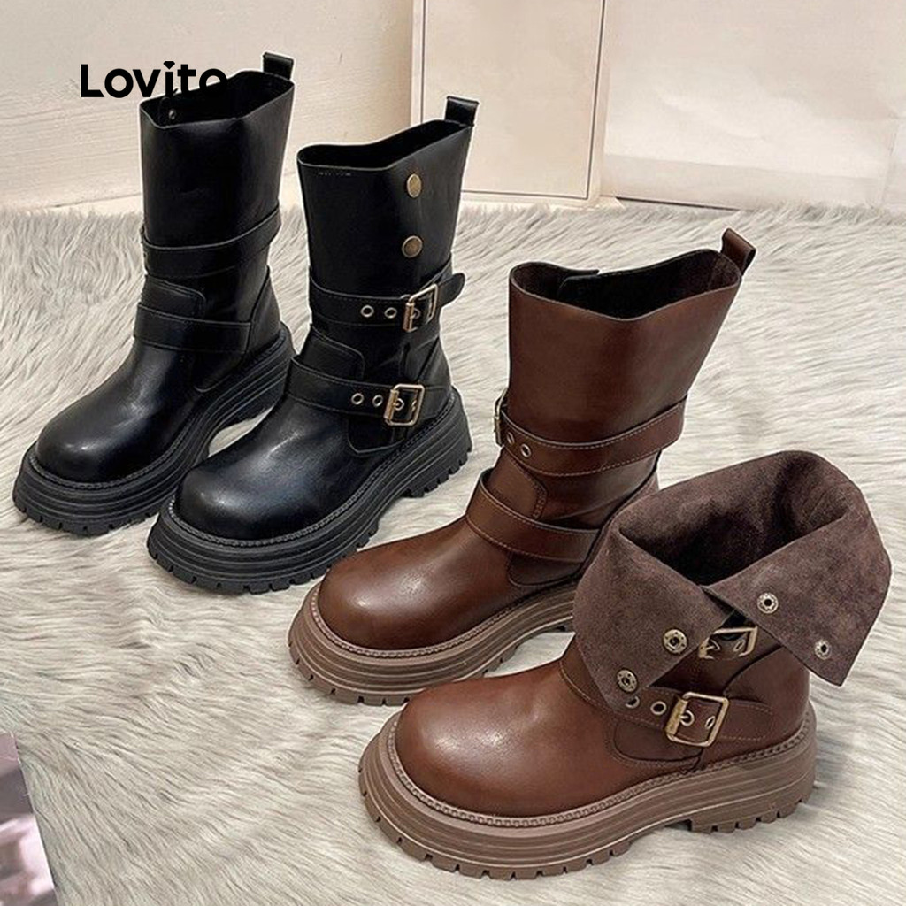 (Trendy5)Lovito โบโฮ รองเท้าบูทผู้หญิงสไตล์ลําลอง LFA103176