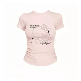 เสื้อยืดแขนสั้นพิมพ์ลายสไตล์อเมริกัน ดีไซน์ใหม่สำหรับผู้หญิงรับซัมเมอร์ ทรงเข้ารูป กระชับสัดส่วน เนื้อผ้ายืดหยุ่น
