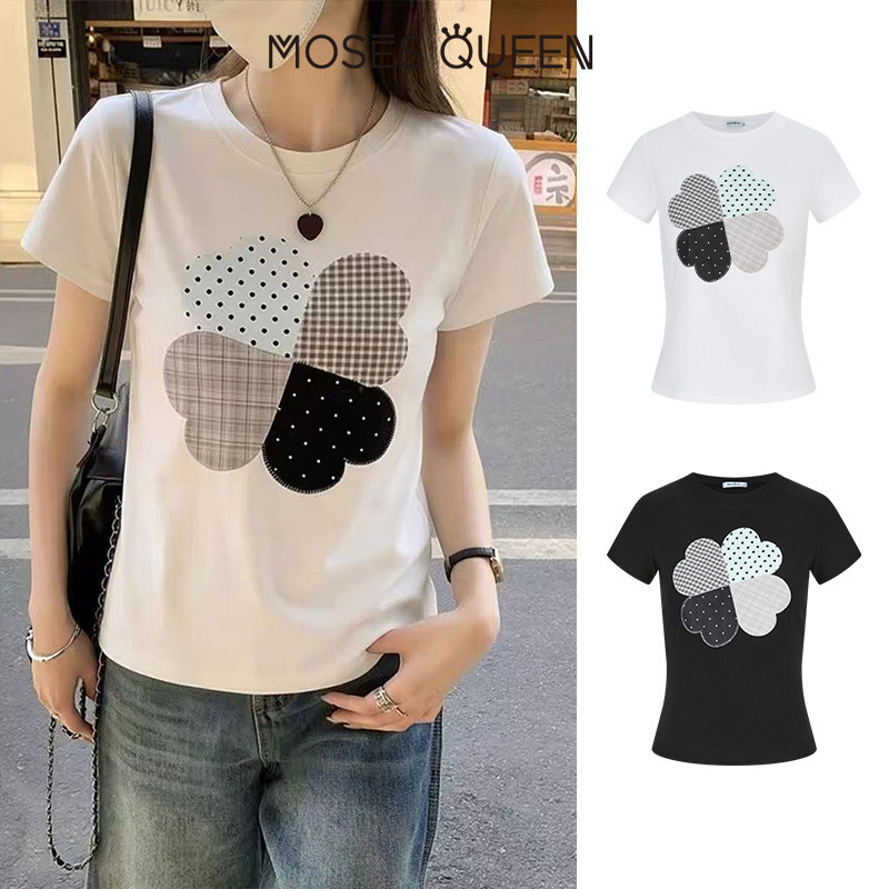 MOSESQUEEN มอสควีน เสื้อยืดแขนสั้นปักลายจุดสีขาวดีไซน์คอกลมเข้ารูป #63952