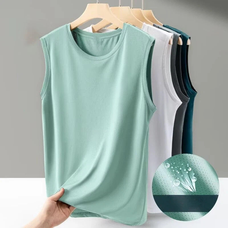 สีทึบน้ําแข็งผ้าไหมเสื้อกั๊กถังผู้ชายฤดูร้อนระบายอากาศแขนกุดด้านบนขนาดใหญ่