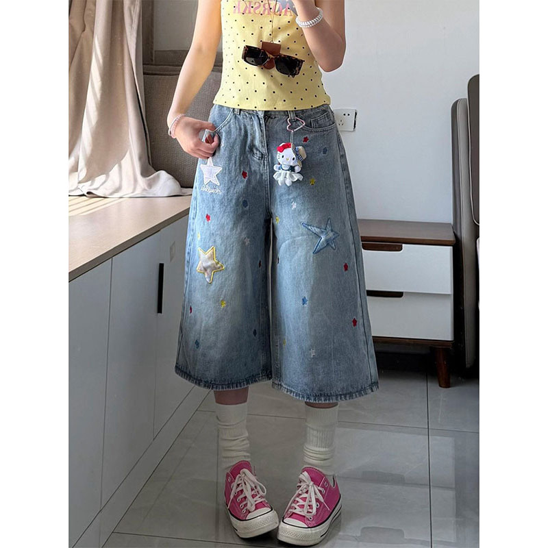 jinn jeans กางเกงยีนส์ขายาว American Dopamine Star Patch Cropped กางเกงยีนส์ผู้หญิงฤดูร้อนหลวม Slimm