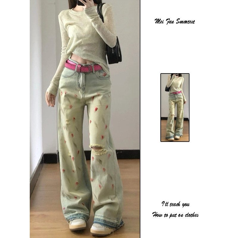 jinn jeans กางเกงยีนส์ขายาว Retro Washed Distressed Ripped กางเกงยีนส์ผู้หญิงฤดูร้อน Dopamine Design