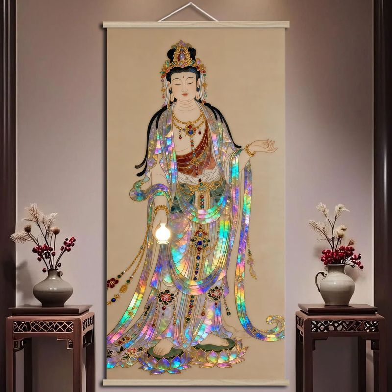 กําแพง สไตล์จีนสไตล์จีน Luodian Guanyin แขวนเลื่อนภาพวาดหรูหราสไตล์จีน Zen Tea Room Study Town House