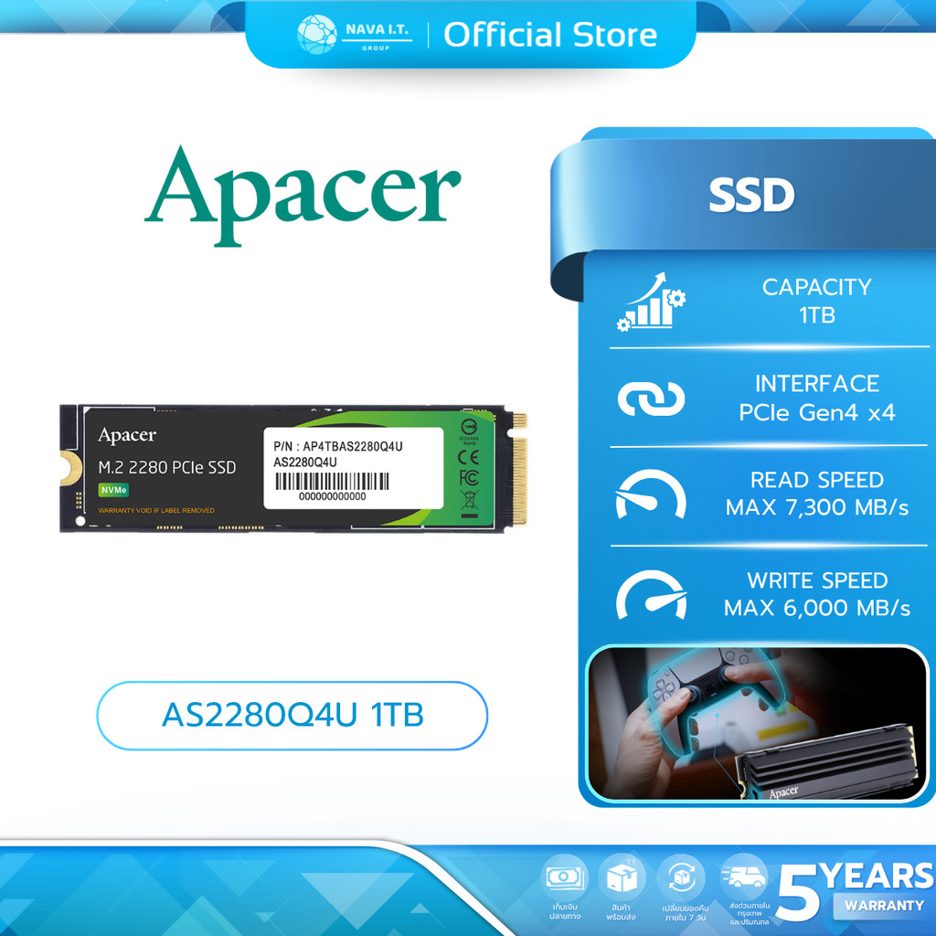 APACER SSD (เอสเอสดี) AS2280Q4U 1TB PCIe Gen4 x4 (ACR-ZC.A01ST.0DQ) WARRANTY 5 YEAR