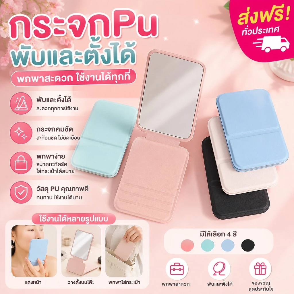 365mall(3062）กระจกพับสี่เหลียม กระจกแต่งหน้า หนัง PU ขนาดพกพา แบบบาง ตั้งได้ กระจกแต่งหน้าพกพา