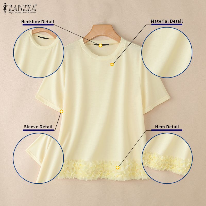 ZANZEA ซานเซีย เสื้อเบลาส์คอกลมแขนสั้นทรงหลวมแข็งแบบลําลองเกาหลีสําหรับผู้หญิง — صورة 7