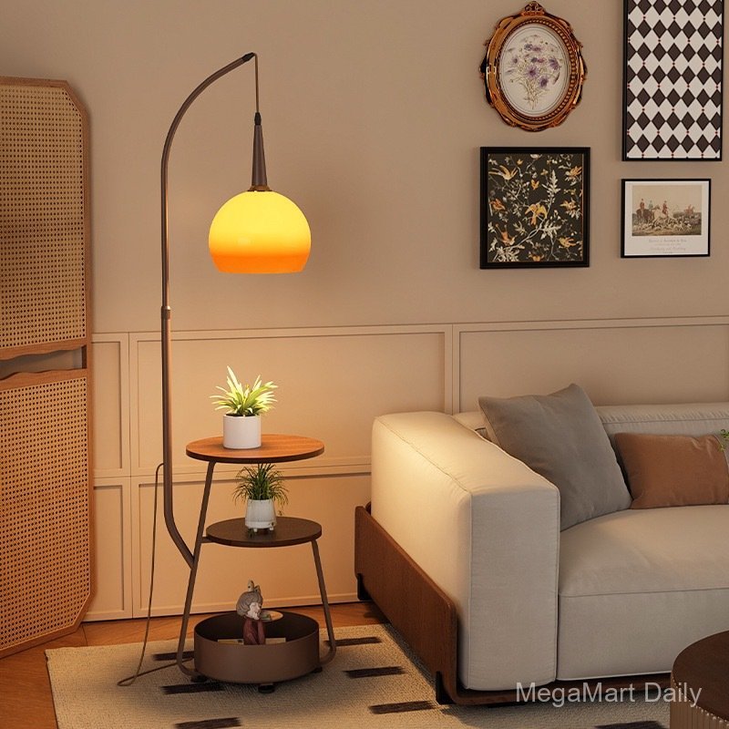 Trendy vintage functional storage floor lamp in grapefruit color, retro ambiance lamp, sunset yellow