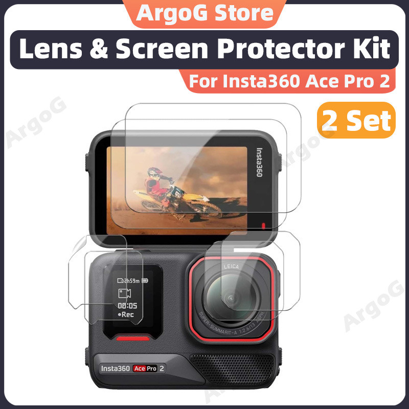 ArgoG ชุดฟิล์มกันรอยสำหรับ Insta360 Ace Pro 2 กระจกนิรภัย 9H และฟิล์ม PET ทนรอยขีดข่วน อุปกรณ์เสริม 