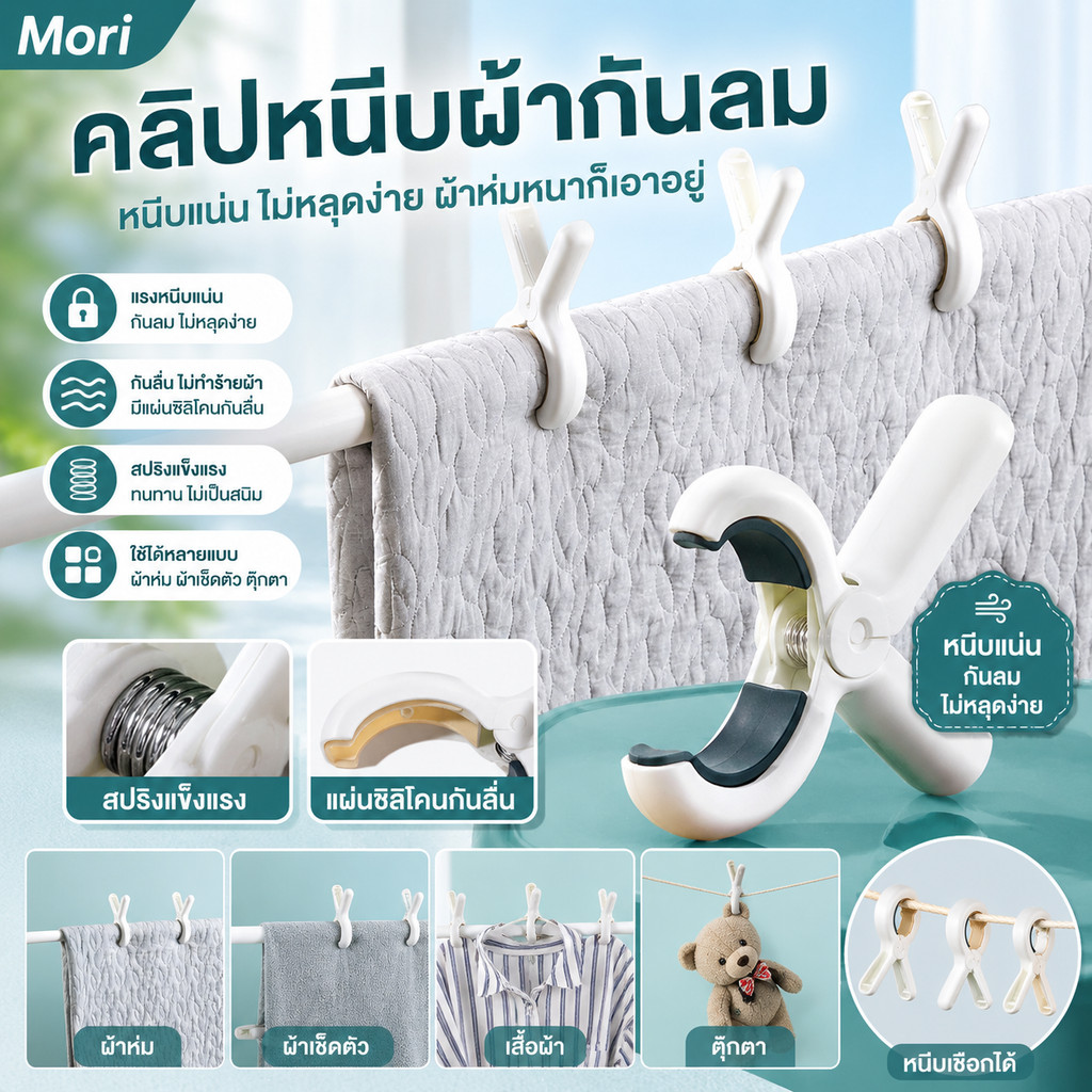 Mori สินค้ามีสต็อกพร้อมส่ง ตัวหนีบ ที่หนีบ ผ้าห่ม ผ้าขนหนู เพื่อตากหรือแขวน จำหน่าย เป็นแพค(แพคละ 3 ตัวหนีบ) COD