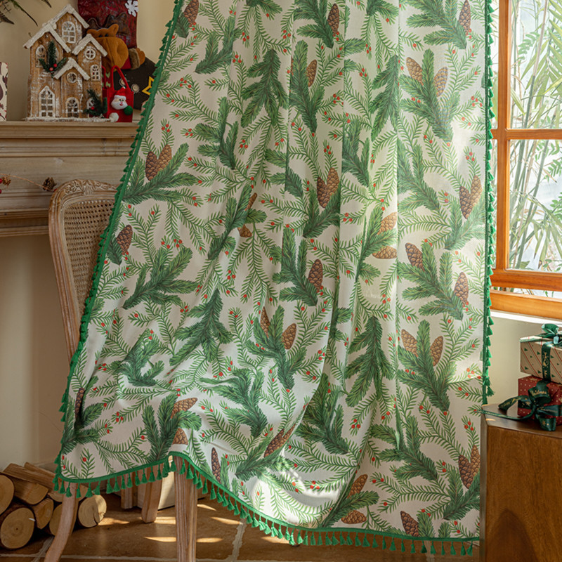 Ins Nordic Green Leaf Print Semi Shade Curtain Punch Free Bay Window ระเบียงผ้าม่าน