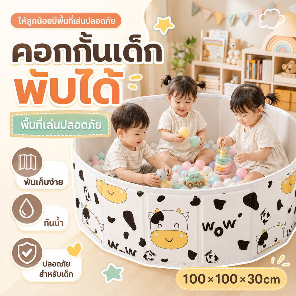 สระทรายเด็ก บ่อทราย พับได้ บ่อบอล วัสดุปลอดภัย ทนทาน ไม่ต้องเป่าลม พกพาสะดวก รั้วเด็กทารก