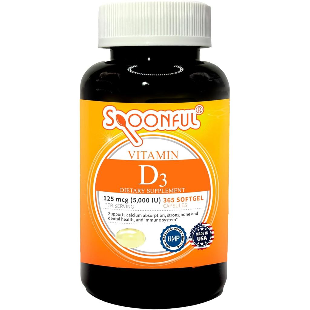 Spoonful Vitamin D3 พร้อมน้ํามันมะพร้าว 1 ปีซัพพลาย 365 แคปซูลซอฟเจล, สุขภาพกระดูกและรองรับระบบภูมิค