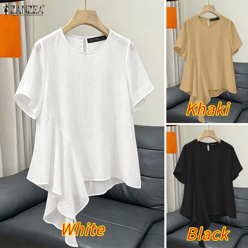 Zanzea ผู้หญิงเกาหลีลําลองไม่สม่ําเสมอ Hem หลวมรอบคอเสื้อแขนสั้น — صورة 3