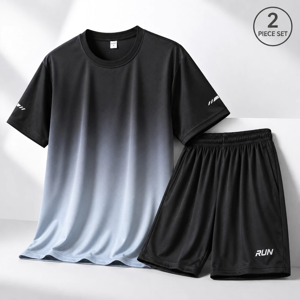 ชุดกีฬา 2 ชิ้น ผู้ชาย เสื้อแขนสั้นลายไล่สี + กางเกงขาสั้น ชุดวิ่ง ฟิตเนส ออกกำลังกาย ใส่สบาย