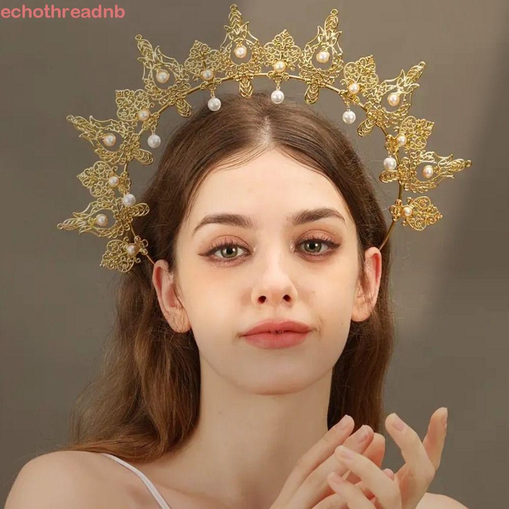 PIVOT Sun Goddess Crown, Baroque Faux Pearl ฝัง Halo Crown, คอสเพลย์มงกุฎประณีตโลหะผสม Vintage Tiara Headpiece Theme Party