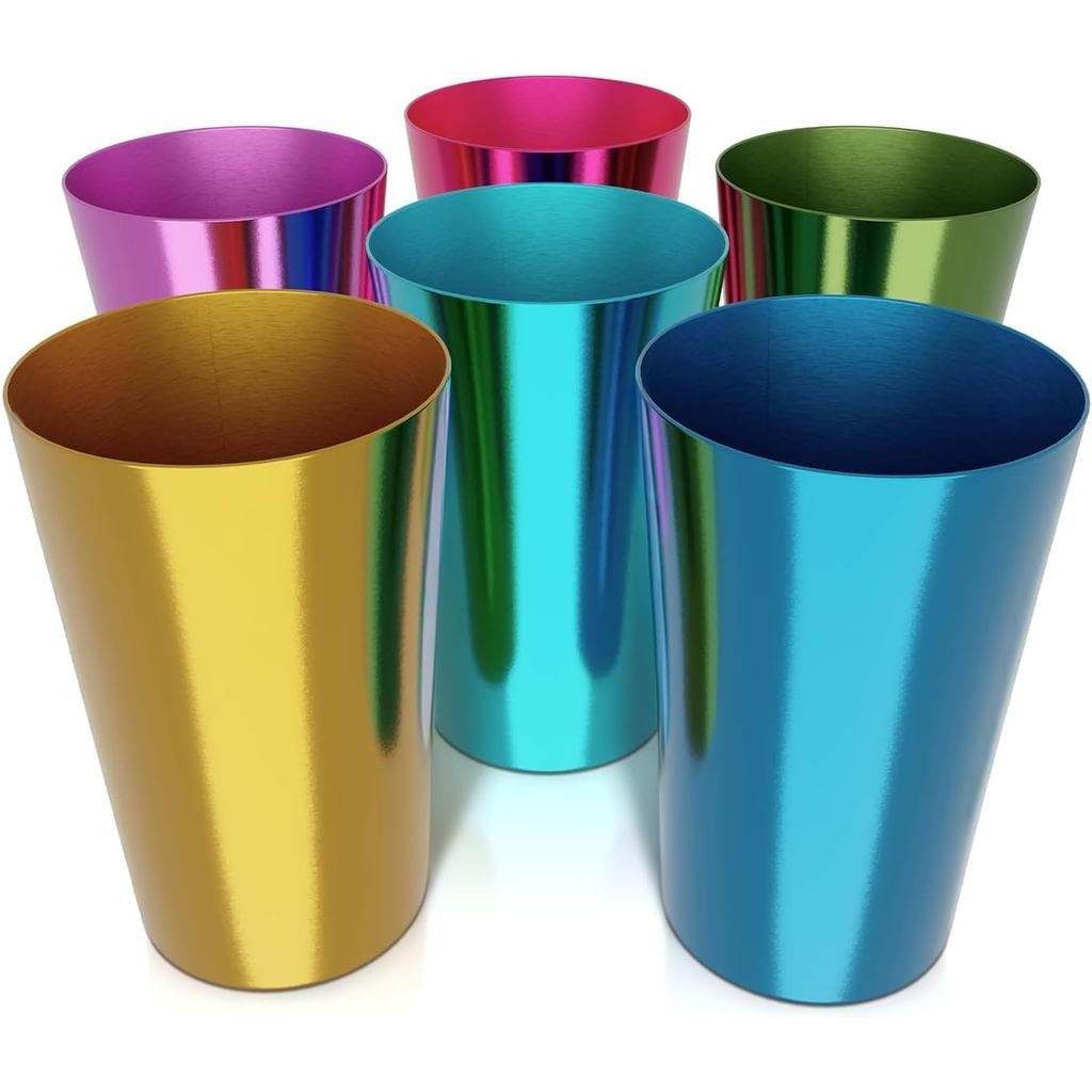 ใหม่ RetroStyleAluminumCups15ozSetof6-MetalTumblersforColdDrinks,FestiveColor-FishedMetalCupsforDrin