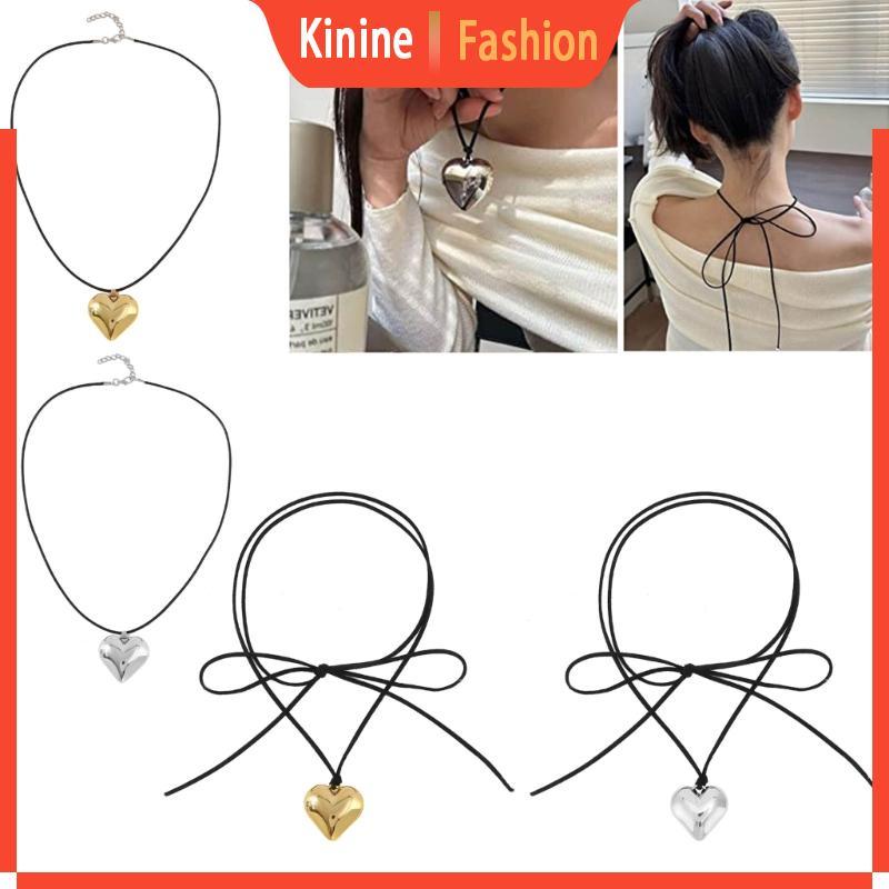 KIN ผู้หญิง Y2k สร้อยคอจี้หัวใจใหญ่สร้อยคอ Choker Chunky-Heart Collar Chain Tie-up เครื่องประดับอุปก