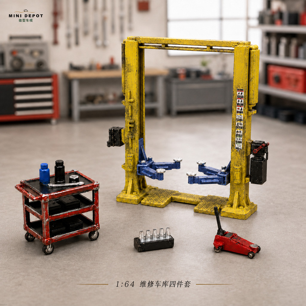 1:64 ลิฟท์รถสีแดงพร้อมเครื่องมือรถเข็นโรงรถDiorama Workshopสถานีซ่อมอุปกรณ์เสริมสําหรับDiecastรุ่นรถฉาก