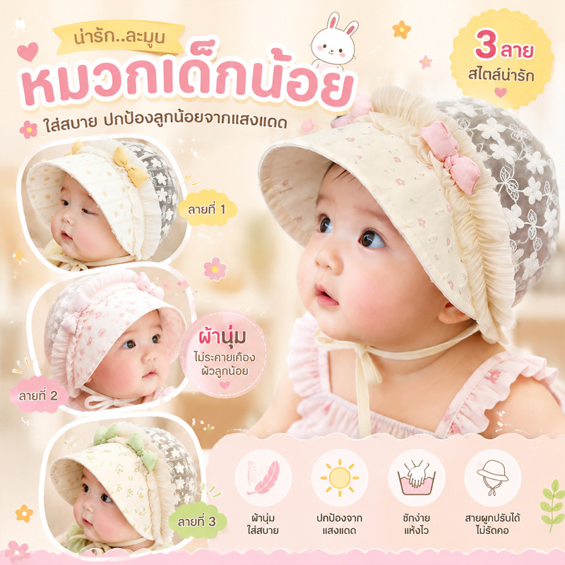 หมวกเด็กทารกน่ารัก หมวกกันแดดเด็ก ผ้าฝ้ายนุ่ม ระบายอากาศดี ลายโบว์แฟชั่น สำหรับเด็กแรกเกิด ใส่สบาย