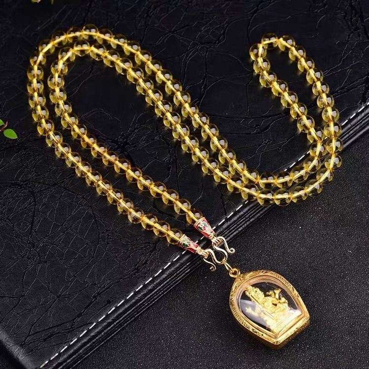 T Thailand Amulet Chain 6mm Citrine เสื้อกันหนาวคริสตัลสร้อยคอ Thailand Amulet แขวนโซ่ประเทศไทย Gilt
