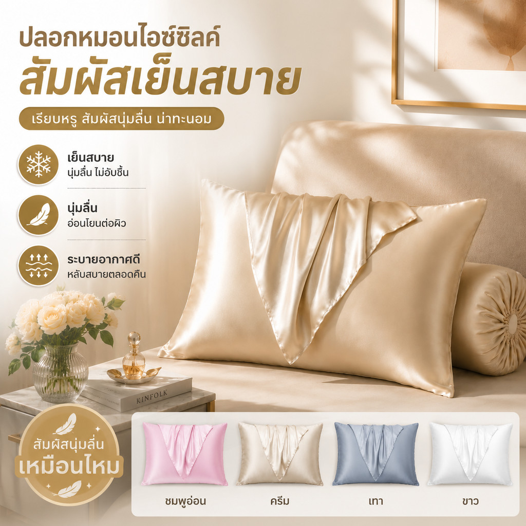 ปลอกหมอนผ้าซาติน ปลอกหมอน ปลอกหมอนข้าง ผ้าทอซาตินปลอกหมอนเย็น ปลอกหมอนนุ่มลื่น เรียบหรู ลดการเสียดสี